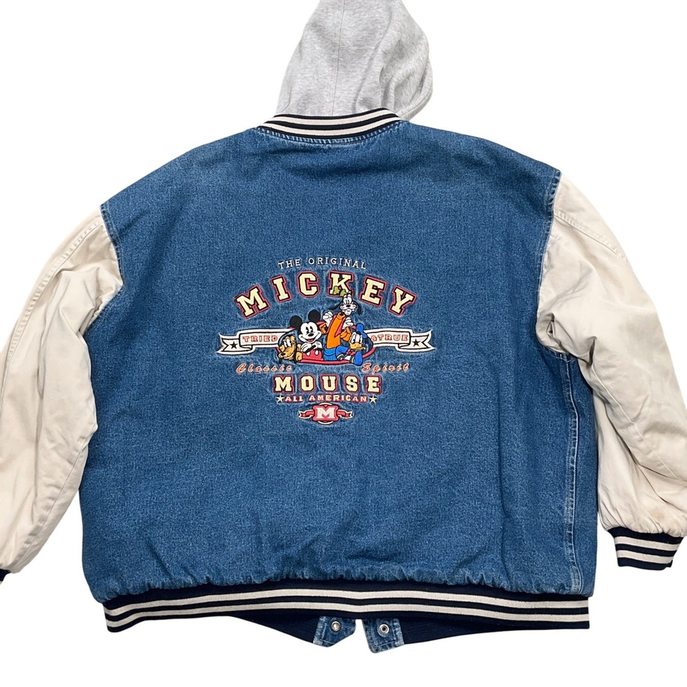 Disney Mickey Mouse Jacket ‎ Men XXL Blue Denim Varsity Hoodie Stitched Patches
